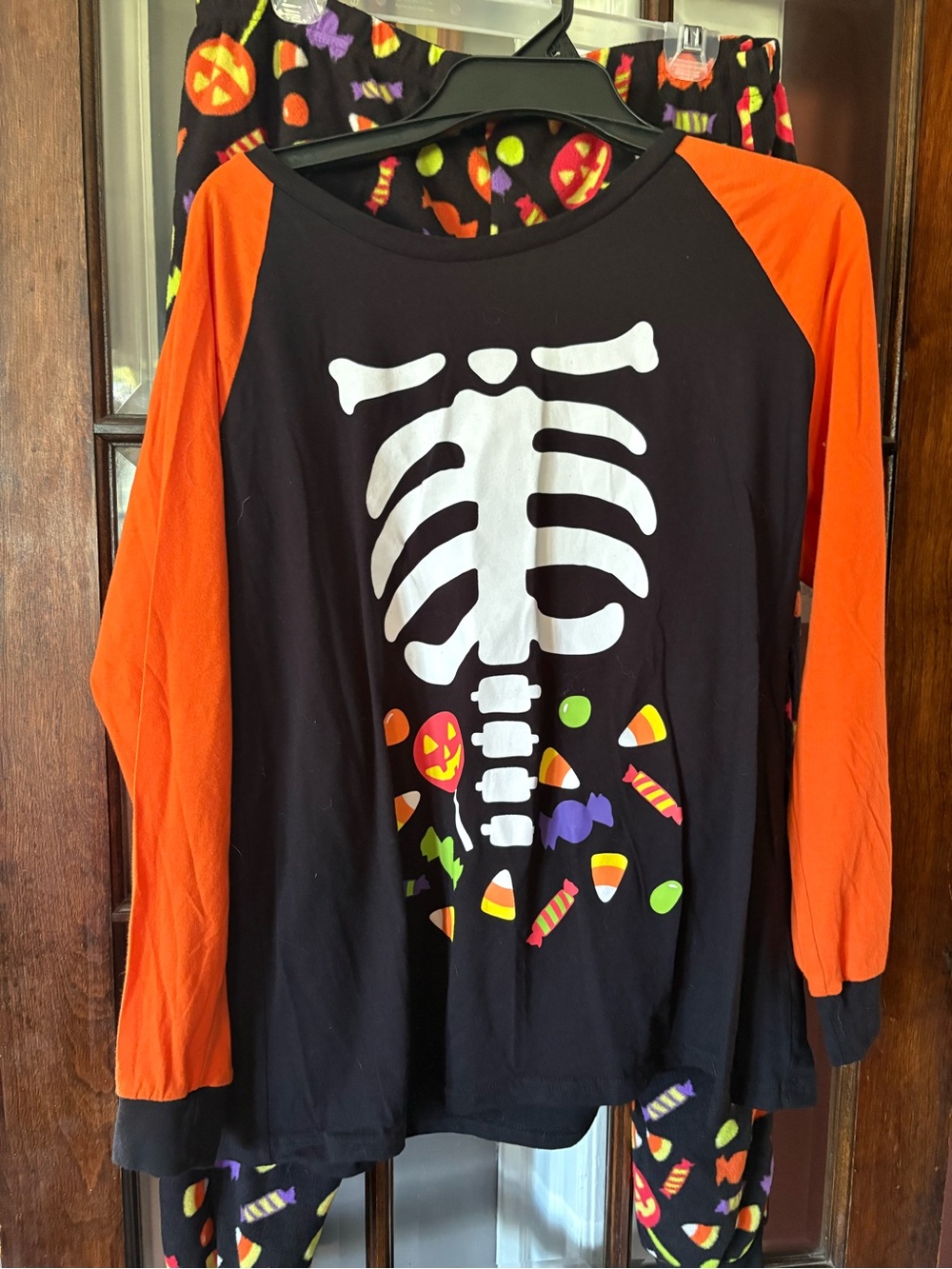 Women’s Halloween Skeleton Pajama Top - Black with Orange Sleeves